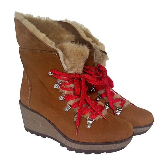 J.Crew Nordic Wedge Nubuck Faux Fur Lined Boots in Glazed Pecan Red Laces Size 9 - Picture 5 of 12